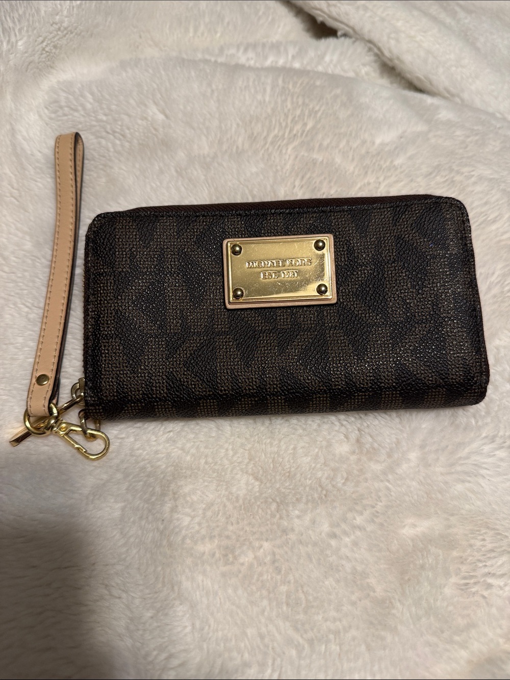 Michael Kors Dark Brown Logo Wristlet with Tan Strap